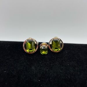 Vintage Destino Green Rhinestone Cufflinks & Tie Tack Set